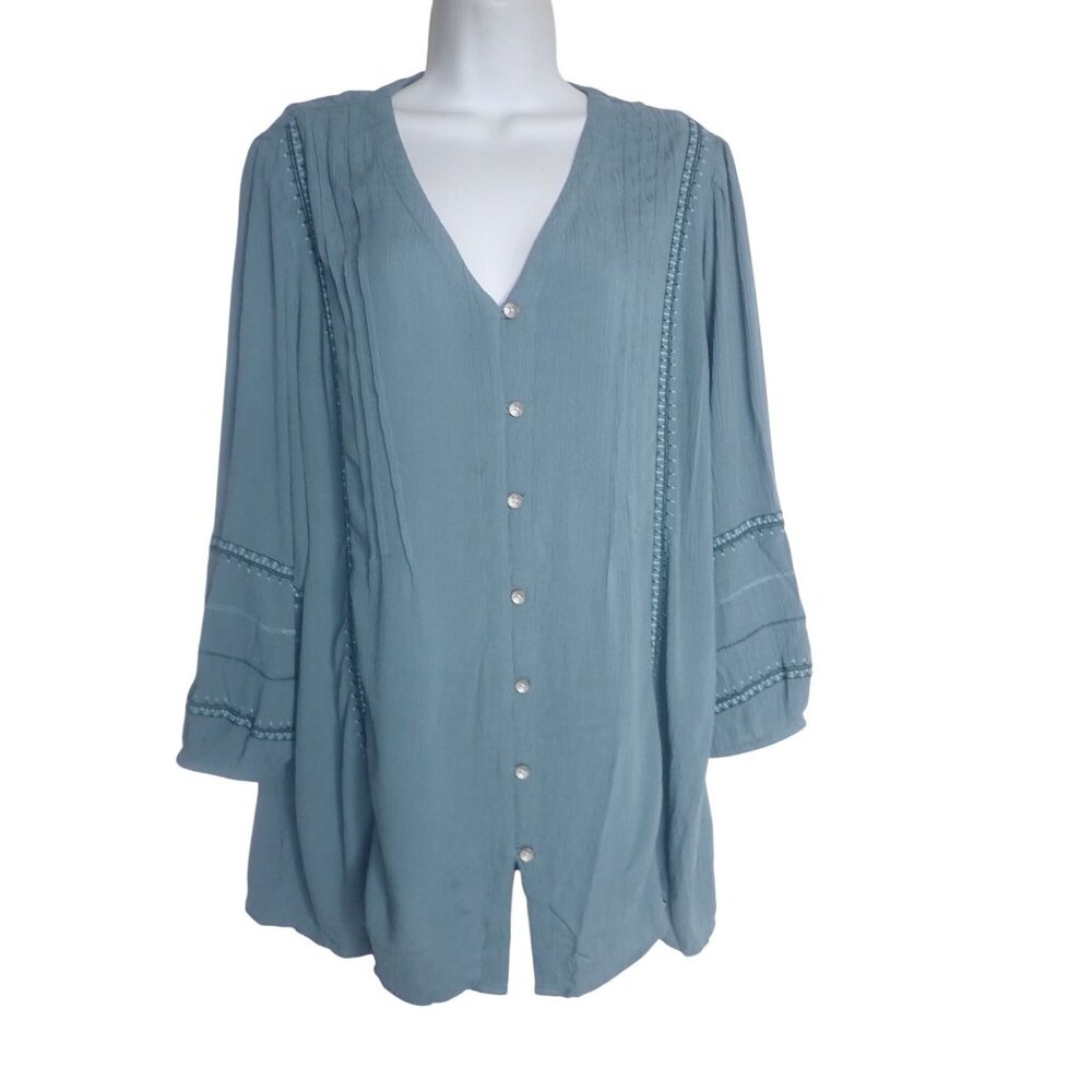J. Jill Blue‎ Long-Sleeve Button-Down Tunic Blouse Gauzy Pintuck PM Boho Casual